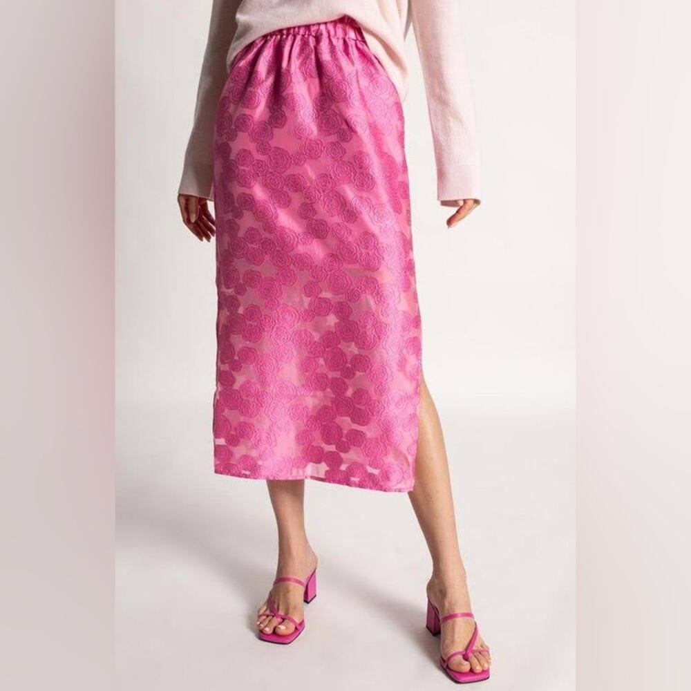 Samsoe Samsoe Bansa Bubblegum Pink Floral Jacquard Midi Skirt Size Small NWT